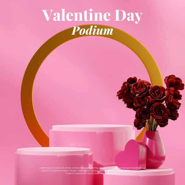 cylinder pink podium in square pink heart shaped box and red rose rendering 3d empty space
