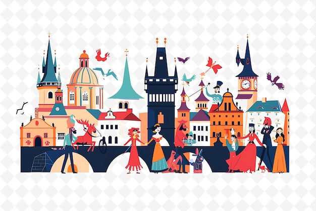 Czech Characters Enjoying a Puppet Show Design Is Whimsical Illustration Cutural Landscape View