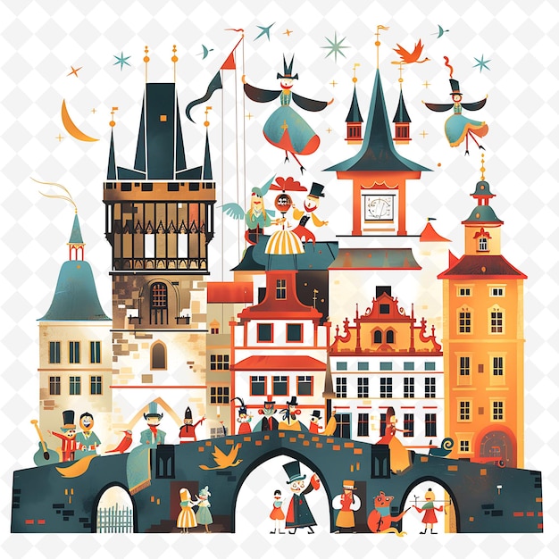 Czech Characters Enjoying a Puppet Show Design Is Whimsical Illustration Cutural Landscape View