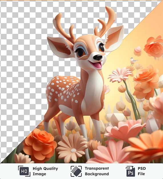 d cartoon deer leaping with a flower background