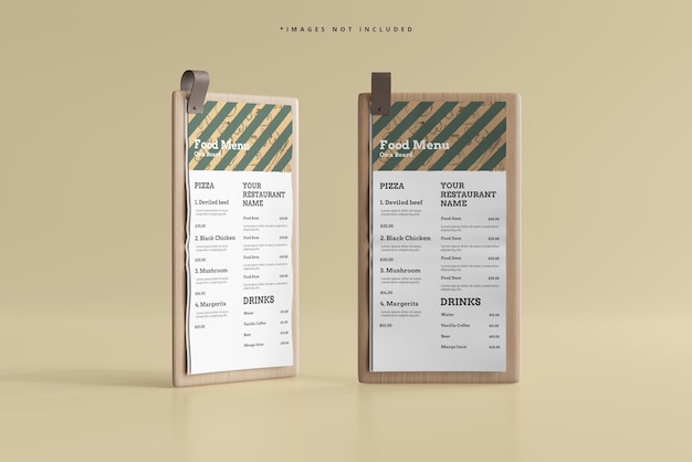 D Food Menu on a Wooden Board Mockup