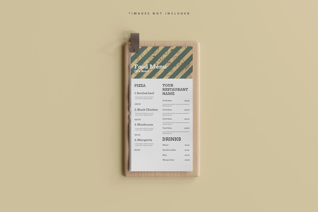 D Food Menu on a Wooden Board Mockup