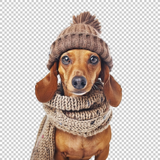 Dachshund dog in cozy knitted hat and scarf isolated on transparent background