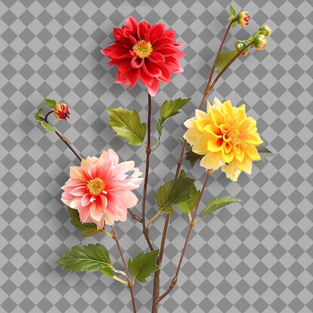 Dahlia With Sturdy Straight Branch Covered in Large Showy Fl Isolated Tree Branch on Clean BG