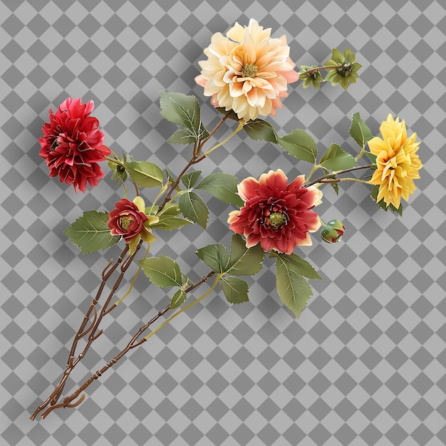 Dahlia With Sturdy Straight Branch Covered in Large Showy Fl Isolated Tree Branch on Clean BG