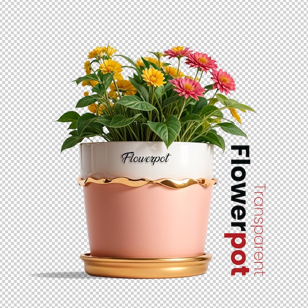 Daisy bouquet with 3d pot shiny clay vase isolated on transparent background