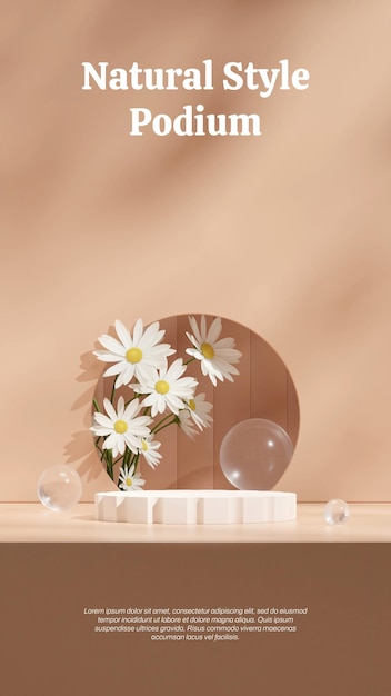 Daisy flower and glass sphere, 3D render empty scene of white cylinder podium in portrait