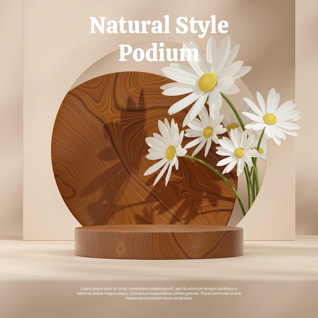 Daisy flower and light brown wall 3D image render empty scene wooden cylinder podium in square