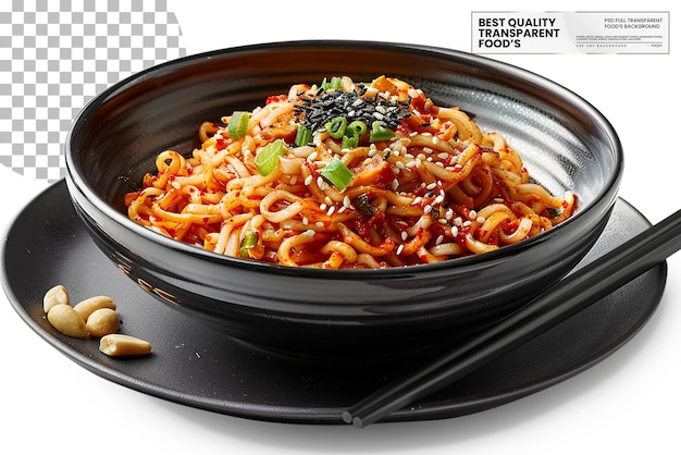 Dan Dan Mian Dan Dan Noodles presented in a black ceramic bowl on transparent background