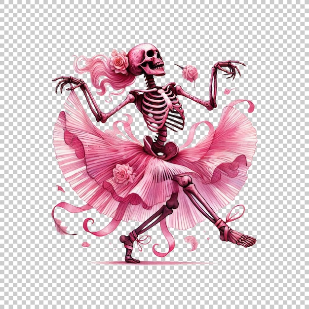 PSD dancing skeleton ballerina with flowing pink tutu isolated on transparent background