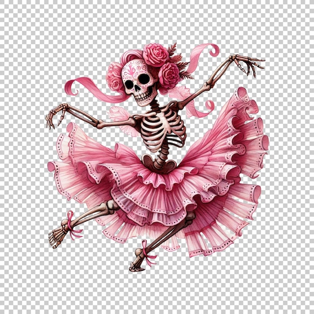 PSD dancing skeleton in a pink tutu with flowers isolated on transparent background