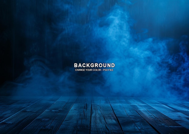 dark blue background with fog and empty wooden floor smoke on the ground night scene