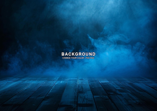 dark blue background with fog and empty wooden floor smoke on the ground night scene