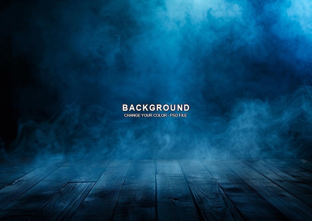 dark blue background with fog and empty wooden floor smoke on the ground night scene