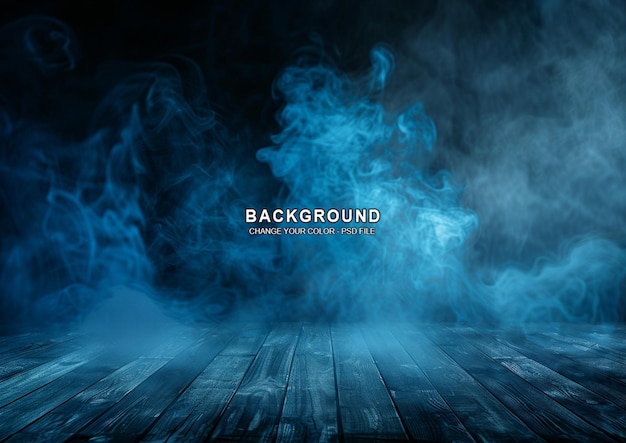 dark blue background with fog and empty wooden floor smoke on the ground night scene