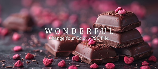 PSD dark chocolate bars decorated with pink hearts