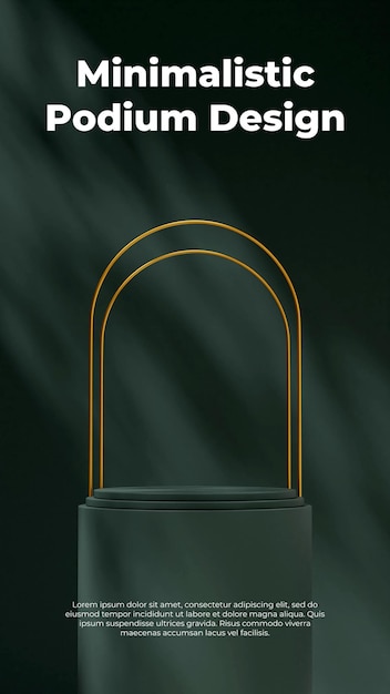 Dark green color mockup minimal podium scene 3d rendering in portrait with gold arch background