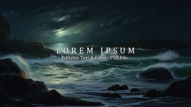 PSD a dark luministic painting showing large waves crashing on a full moon coastline