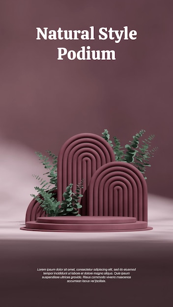 PSD dark muted red cylinder podium in portrait eucalyptus leaf and arch 3d render mockup template