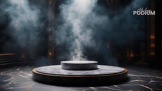 Dark round marble stone podium beside cinematic smoky environment