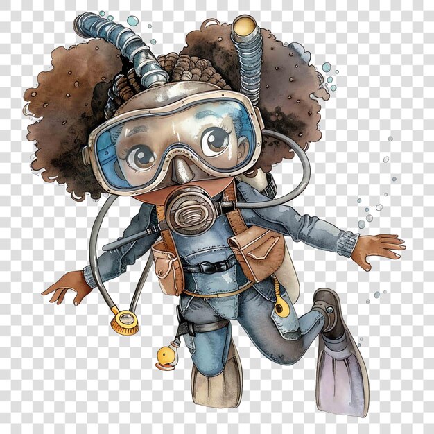 PSD dark skinned girl scuba diver in greyish blue watercolor nurseryon transparent background