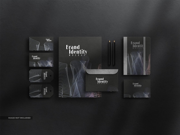 Dark stationery corporate identity mockup set with shadow overlay