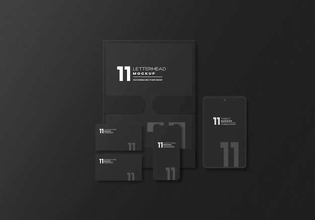 Dark stationery set psd mockup