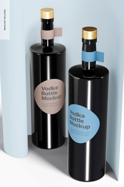 Dark Vodka Bottles with Paper Backdrop Mockup, Perspective