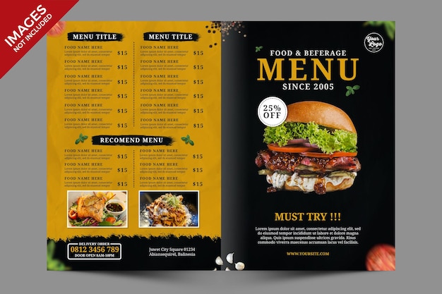 Dark and yellow restaurant bifold food menu promotion template premium PSD