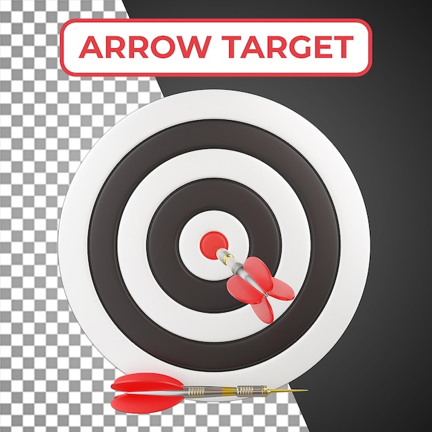 Dart arrow hitting the target center of the dartboard 3d render