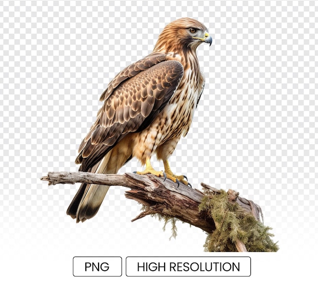 A dashing Redtailed Eagle bird perched on a branch with a transparent background