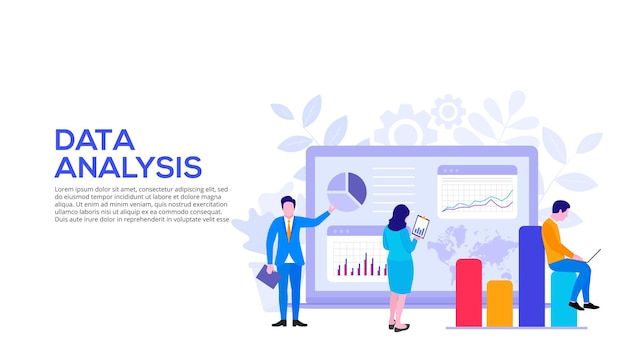 PSD data analysis design concept with people chart and laptop flat illustration