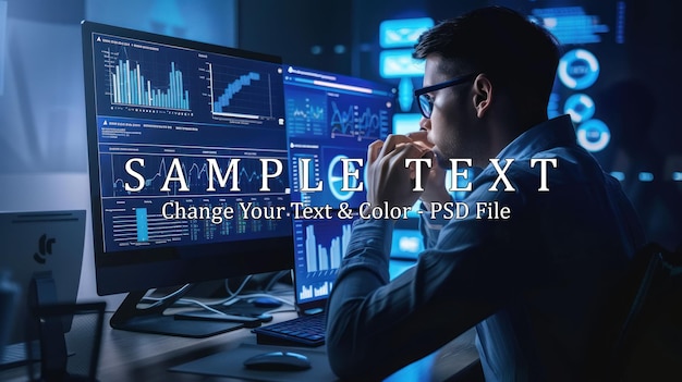 Data Analyst Examining Financial Charts on Multiple Monitors