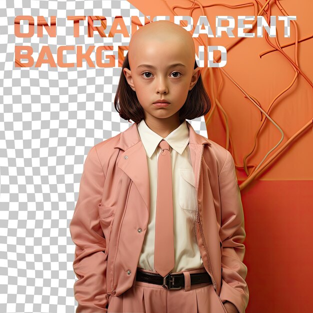 Database Administrator Darling Melancholic Eastern Child rocks Bald Hair in Pastel Coral Background