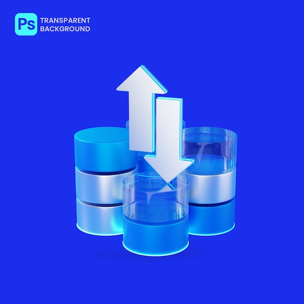 Database and arrow 3d rendering icon isolated on blue background