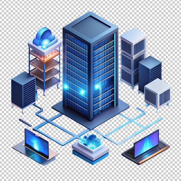 PSD date center isometric 3d render server with computer isolated on transparent background