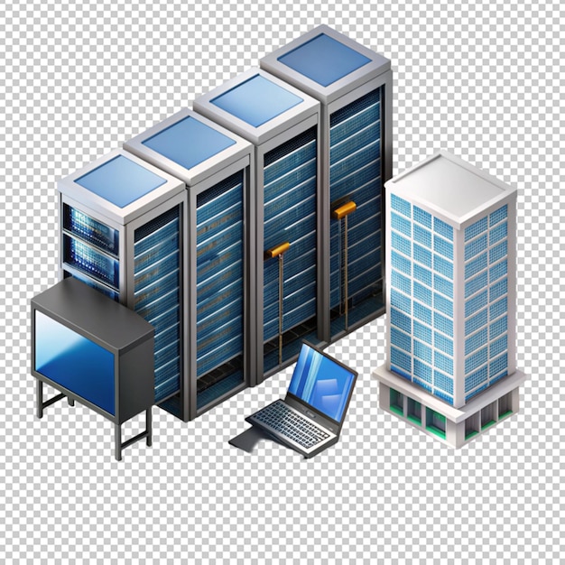 PSD date center isometric 3d render server with computer isolated on transparent background