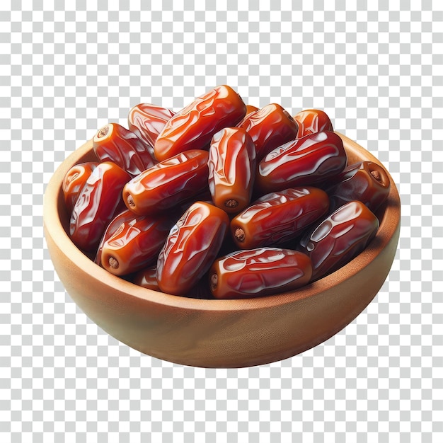 Date fruits on a wooden bowl transparent background