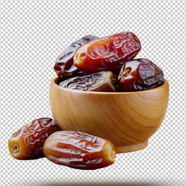 PSD dates fruit in the wooden bowl isolated on transparent background