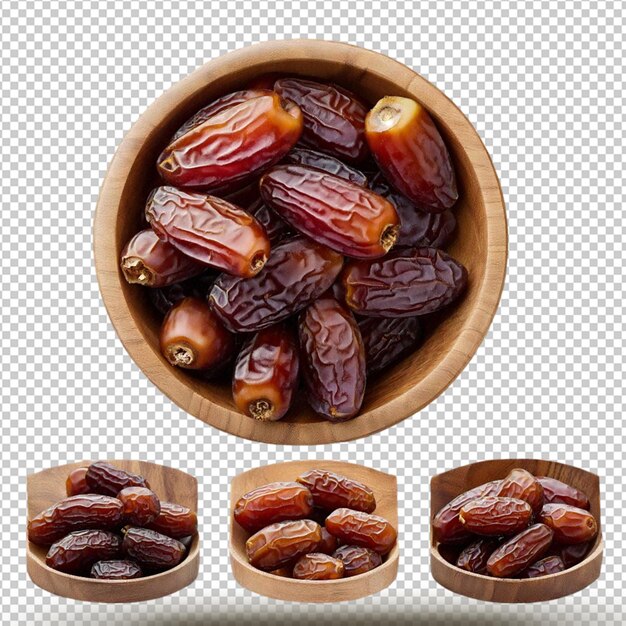 Dates fruit in the wooden bowl isolated on transparent background