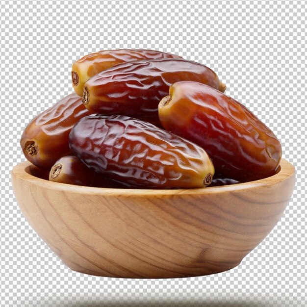 Dates fruit in the wooden bowl isolated on transparent background