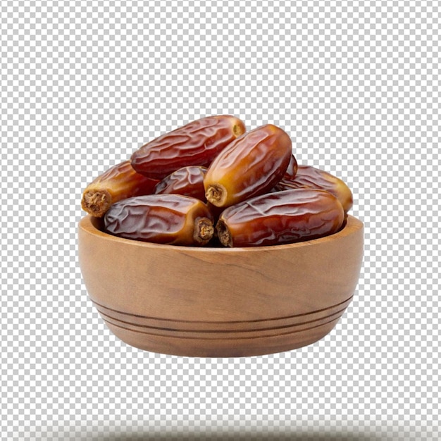 PSD dates fruit in the wooden bowl isolated on transparent background