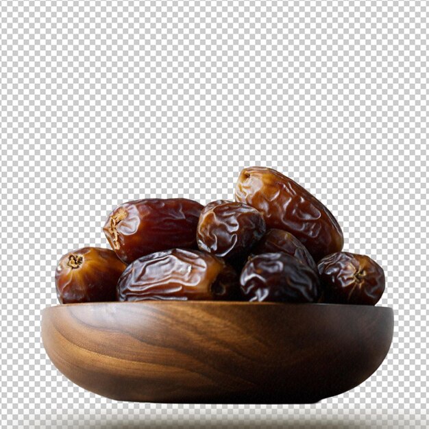 PSD dates fruit in the wooden bowl isolated on transparent background