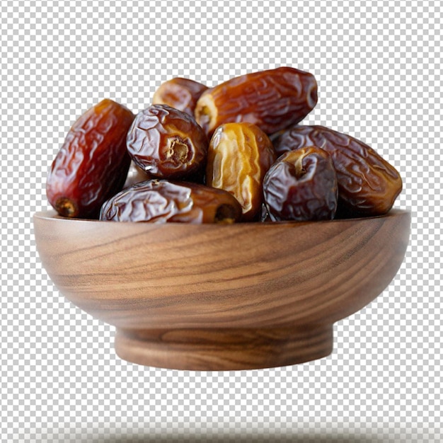 PSD dates fruit in the wooden bowl isolated on transparent background