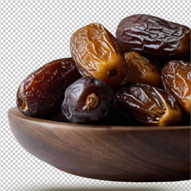 PSD dates fruit in the wooden bowl isolated on transparent background