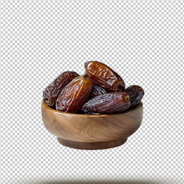 Dates fruit in the wooden bowl isolated on transparent background