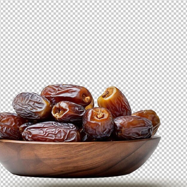 Dates fruit in the wooden bowl isolated on transparent background