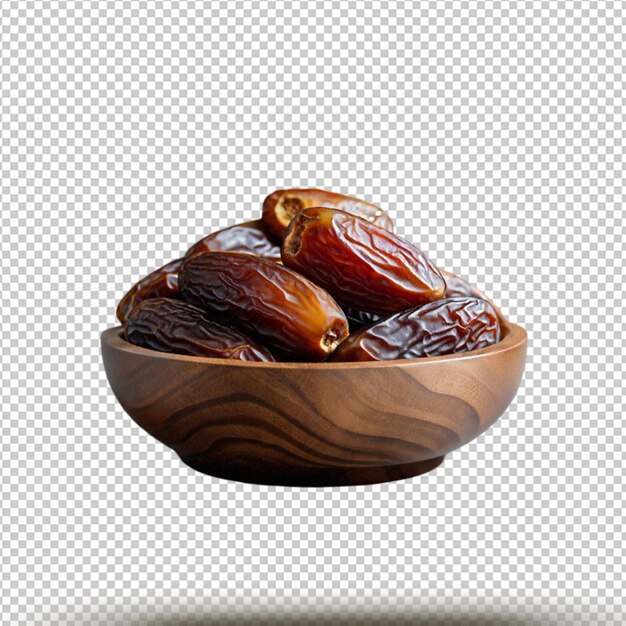 Dates fruit in the wooden bowl isolated on transparent background