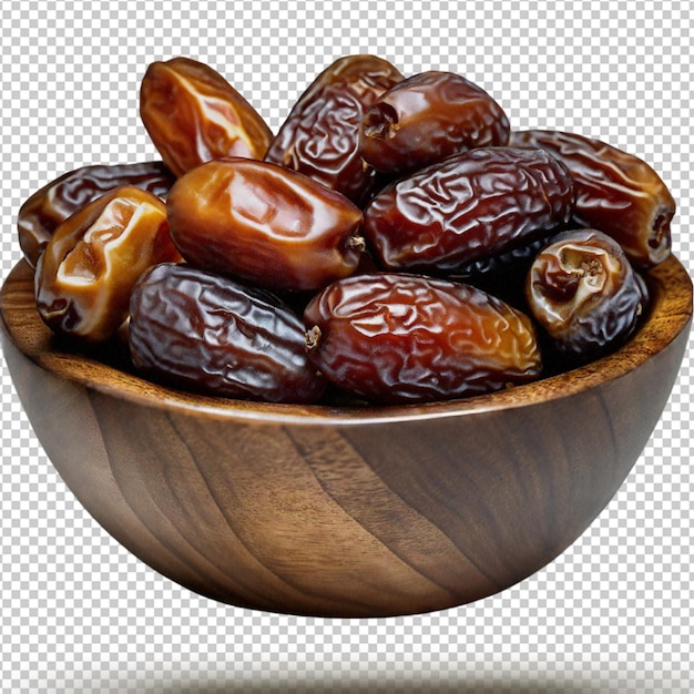 PSD dates fruit in the wooden bowl isolated on transparent background