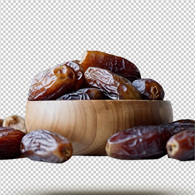 PSD dates fruit in the wooden bowl isolated on transparent background